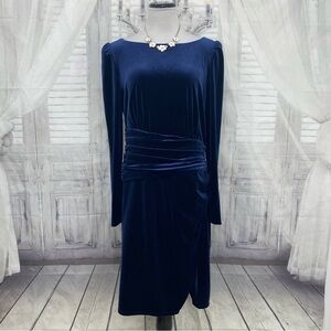 Lauren Ralph Solid Navy Blue Velvet Long Sleeve Cocktail Dress Boat Neck Wrap